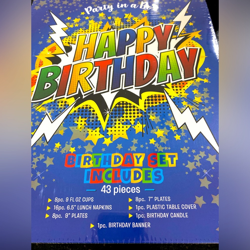 Happy Birthday Box 43 Pieces Plates Cups Forks Napkins Candle Tablecloth Banner